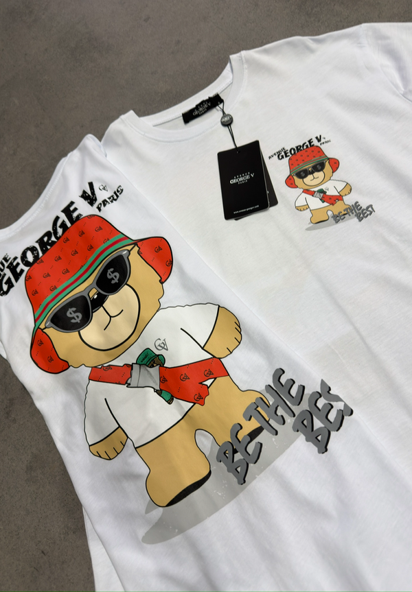 Camiseta George V Manga Corta Con Oso Ilustrado Y Tipografía Moderna Estilo Urbano