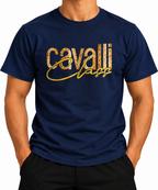 Men's Cavalli Class T-Shirt Navy Blue Gold Animal Print
