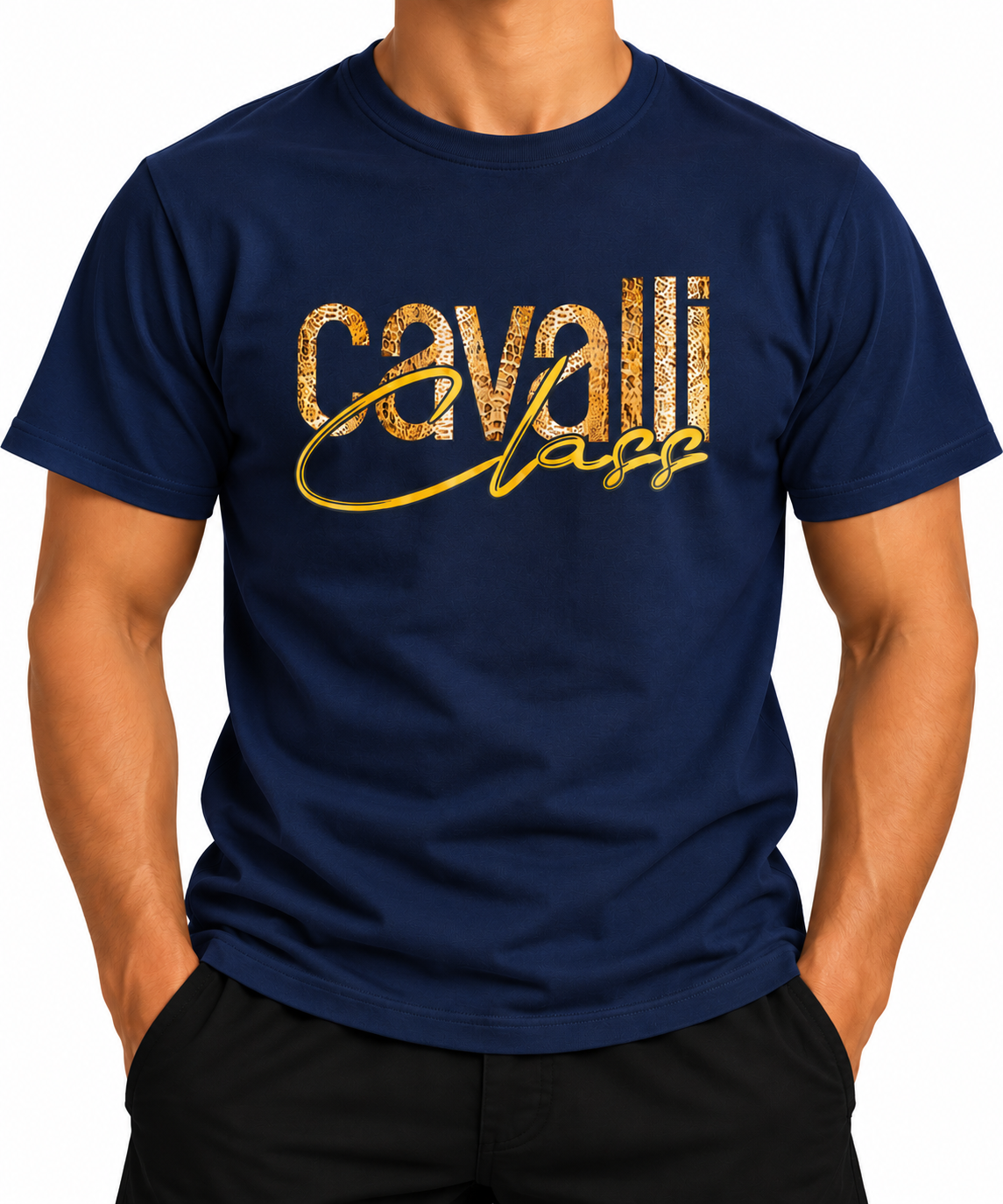 Men's Cavalli Class T-Shirt Navy Blue Gold Animal Print
