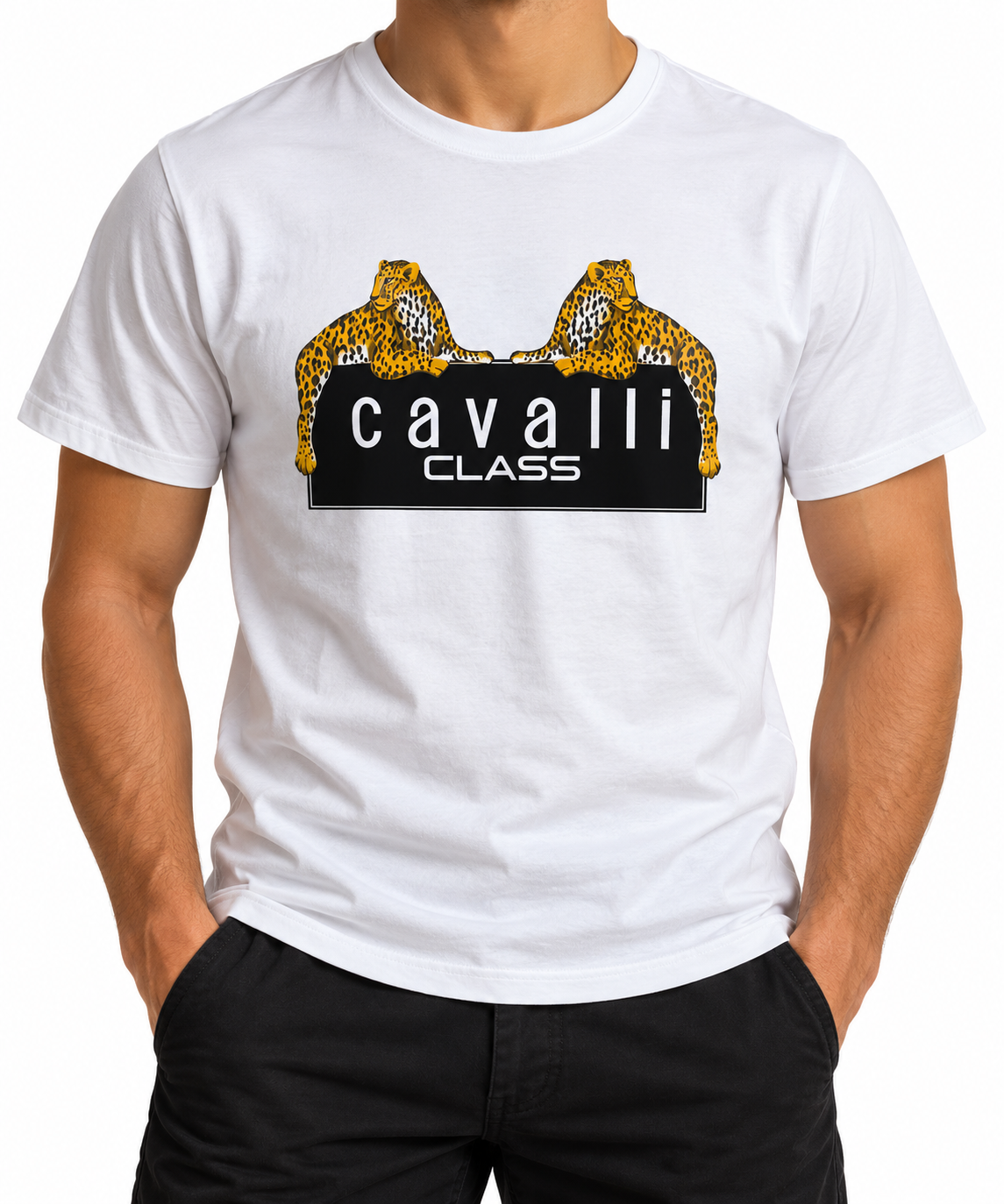 Men's White Leopard Print Cavalli Class T-Shirt