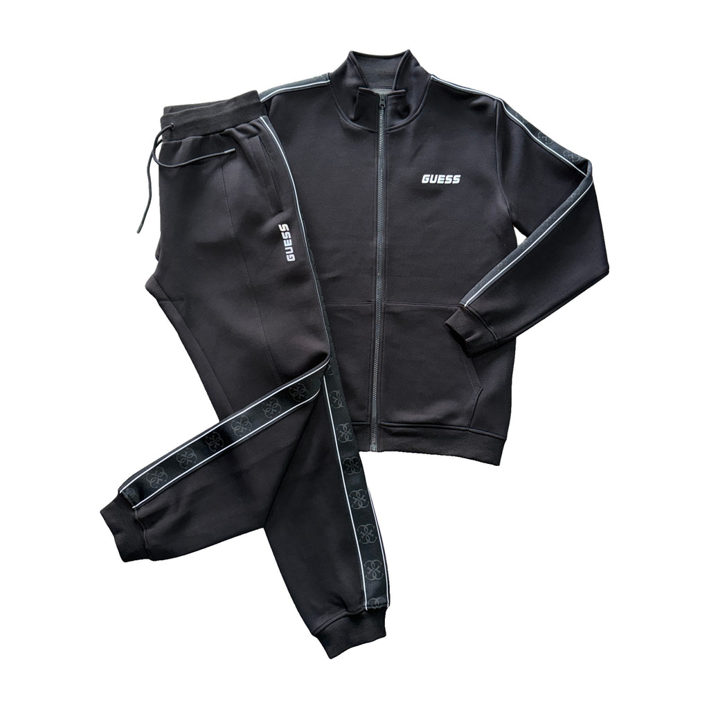 Guess Men's Black Tracksuit with Zipper and Side Stripes