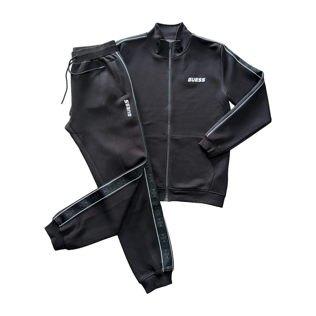 Guess Men's Black Tracksuit with Zipper and Side Stripes