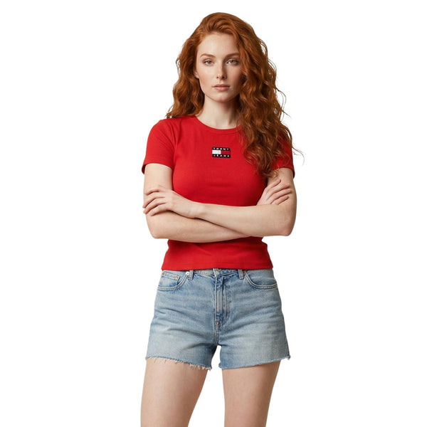 Tommy Hilfiger Jeans Camiseta Mujer Cuello Redondo Algodón Suave Transpirable Rojo Intenso Para Estilo Diario Verano