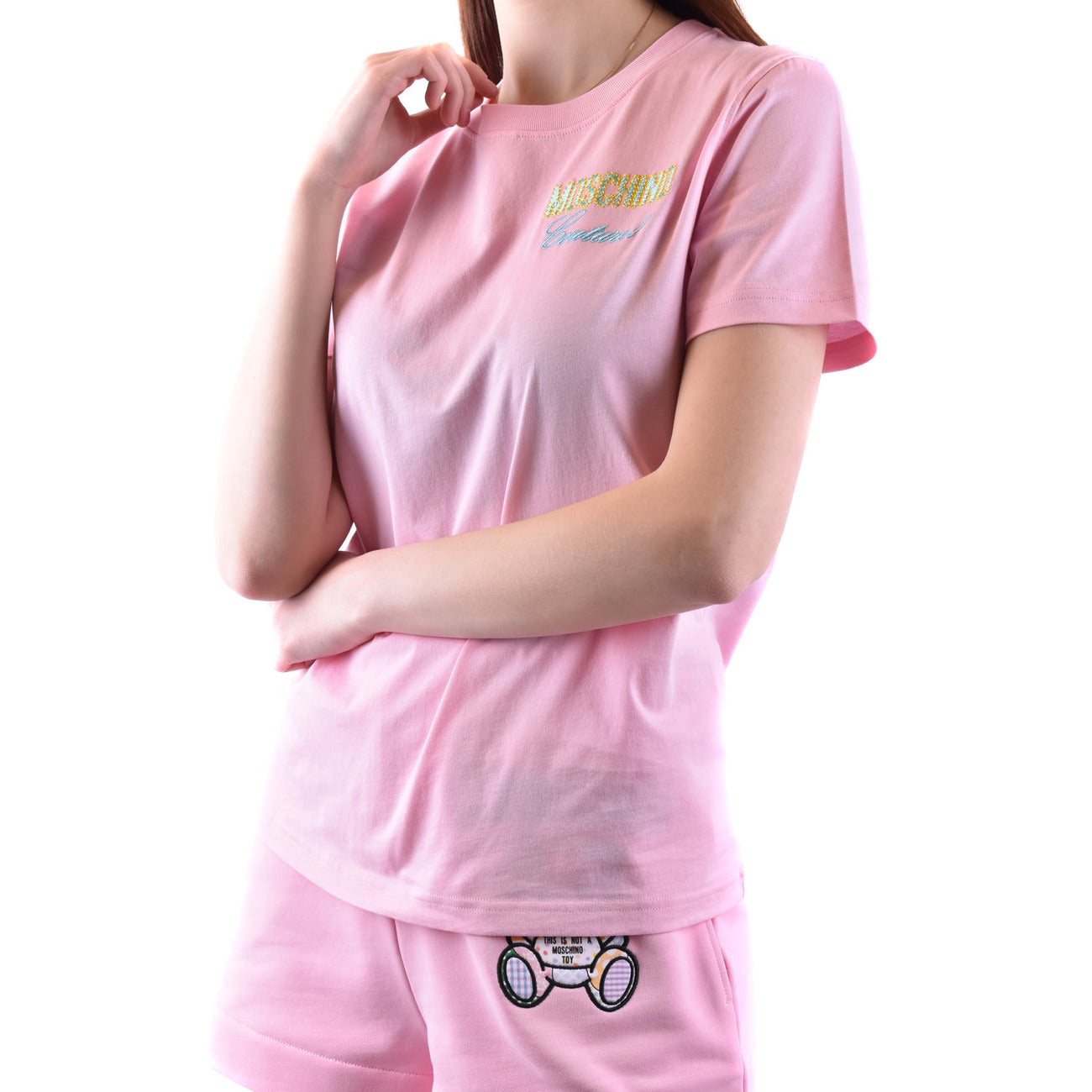 Moschino Camisetas Mujer Rosa Estampado Elegante Confeccionadas En Italia Para Primavera Verano De Alta Calidad